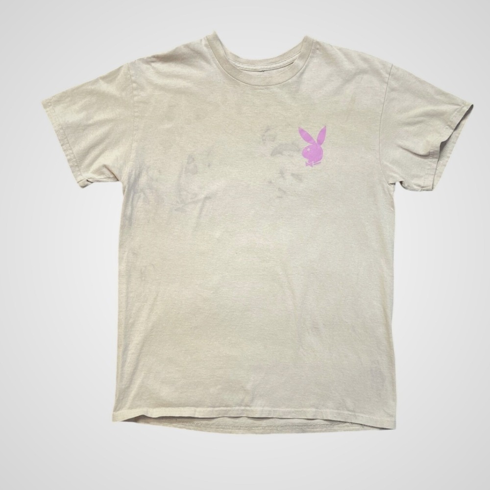 Playboy T-Shirt Mens Medium Beige Fair Purple Bunny Logo Stacked Graphic Tee